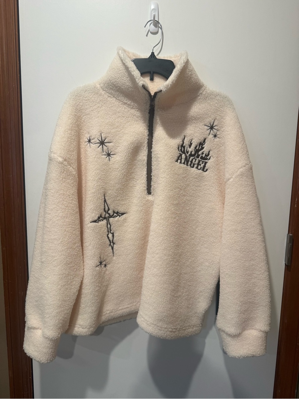 Angel Embroidered Cream Sherpa Half-Zip Sweater